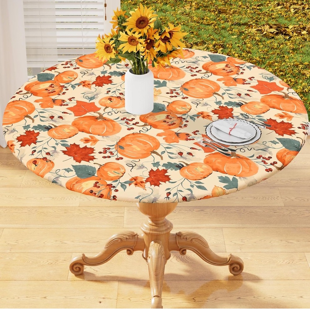 🇺🇸 $5 🇺🇸 Autumn Harvest Pumpkin Leaves Round 36-44 in. Tablecloth Orange Cream